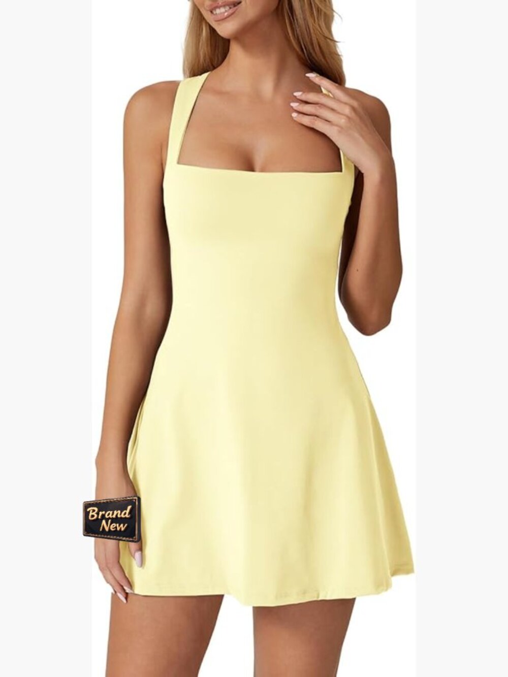 Sleeveless Square Neck Tennis Dress With Built-In Shorts And Pockets